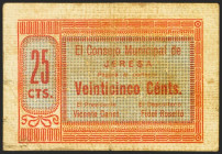JERESA (VALENCIA). 25 Céntimos. (1936ca). Serie A. (González: 3037). Rarísimo . MBC.