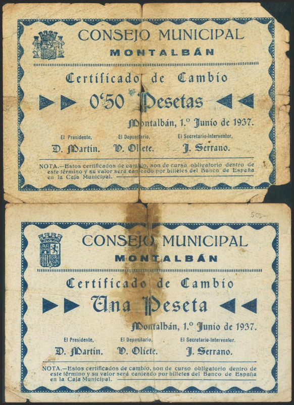 MONTALBAN (TERUEL). 50 Céntimos y 1 Peseta. 1 de Junio de 1937. Serie A, ambos (...