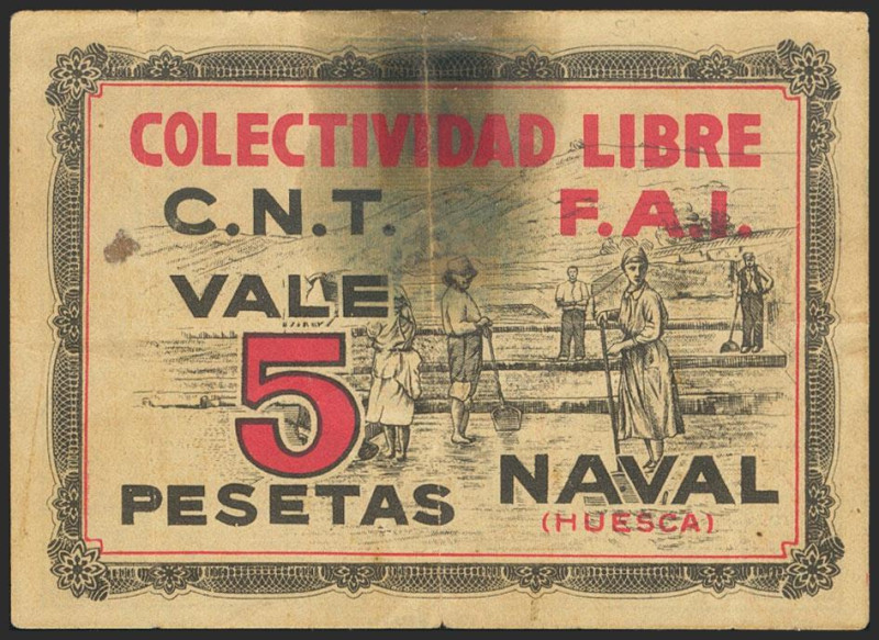 NAVAL (HUESCA). 5 Pesetas. (1937ca). (González: 3813). Muy raro, presencia de ci...