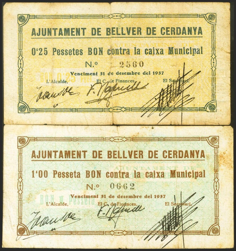 BELLVER DE CERDANYA (LERIDA). 25 Céntimos y 1 Peseta. 1 de Mayo de 1937. (Gonzál...