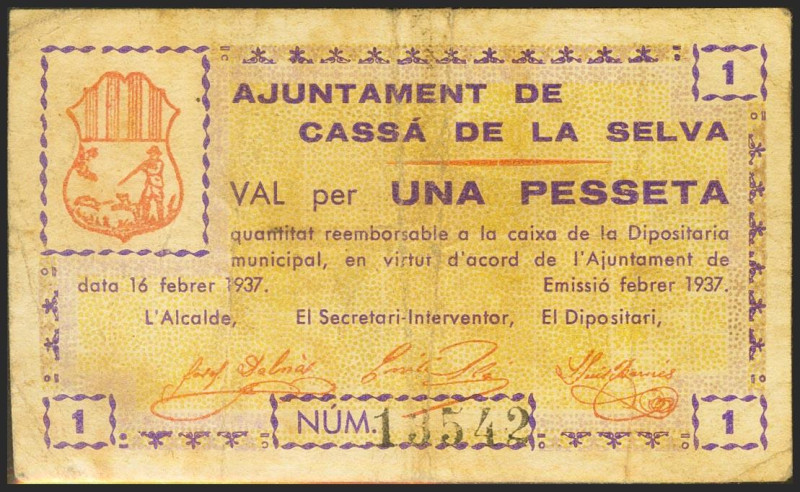 CASSA DE LA SELVA (GERONA). 1 Peseta. 16 de Febrero de 1937. (González: 7408). M...