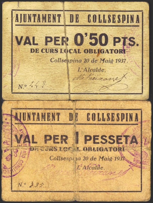 COLLSESPINA (BARCELONA). 50 Céntimos y 1 Peseta. 20 de Mayo de 1937. (González: ...