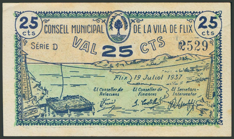 FLIX (TARRAGONA). 25 Céntimos. 19 de Julio de 1937. Serie D. (González: 7886). E...