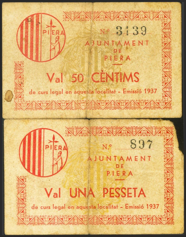 PIERA (BARCELONA). 50 Céntimos y 1 Peseta. 1937. (González: 9210/11). Rara serie...