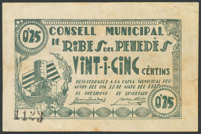 RIBES DEL PENEDES (BARCELONA). 25 Céntimos. 22 de Mayo de 1937. (González: 9625)...