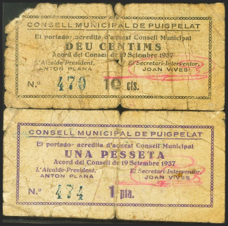 PUIGPELAT (TARRAGONA). 10 Céntimos y 1 Peseta. Septiembre 1937. (González: 9496,...