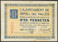RIPOLL DEL VALLES (BARCELONA). 25 Céntimos. 21 de Abril de 1937. Pie de imprenta sin ". (González: 9662). Inusual. EBC."