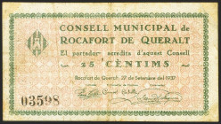 ROCAFORT DE QUERALT (TARRAGONA). 25 Céntimos. 27 de Septiembre de 1937. (González: 9705). Inusual. MBC+.
