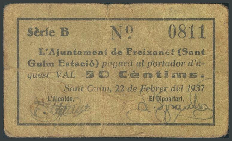 SANT GUIM ESTACIO-FREIXENET (LERIDA). 50 Céntimos. 22 de Febrero de 1937. Serie ...