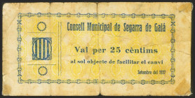 SEGARRA DE GAIA (TARRAGONA). 25 Céntimos. Septiembre 1937. (González: 9911). MBC-.