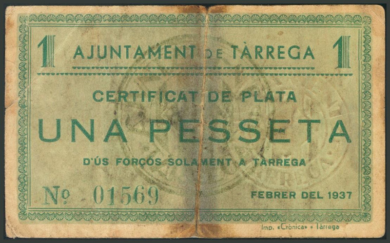 TARREGA (LERIDA). 1 Peseta. Febrero 1937. (González: 10099). Marca y presencia d...