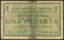 TARREGA (LERIDA). 1 Peseta. Febrero 1937. (González: 10099). Marca y presencia de cinta adhesiva al dorso. RC.