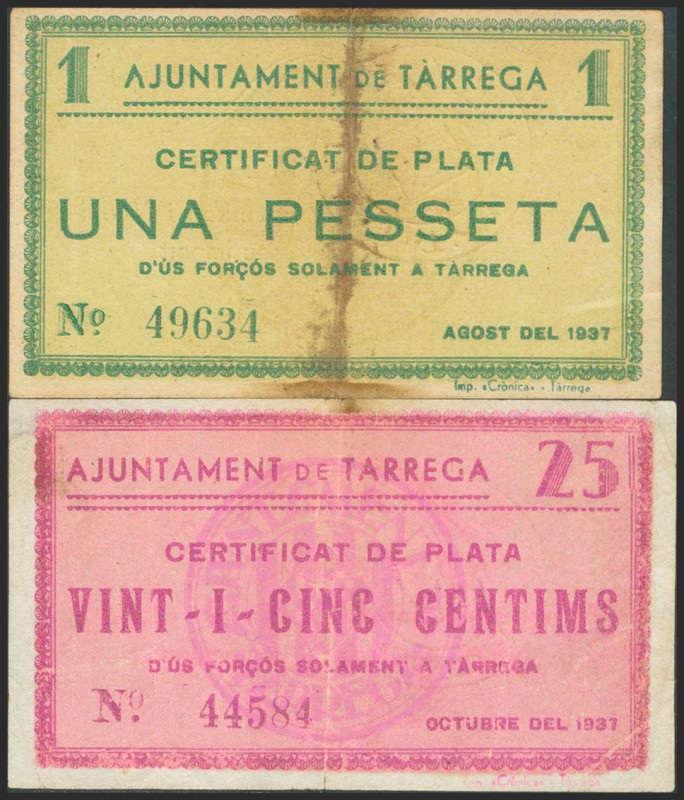 TARREGA (LERIDA). 25 Céntimos y 1 Peseta. Octubre y Noviembre de 1937. Sin serie...