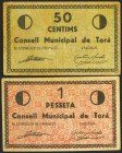 TORA DE RIUBREGOS (LERIDA). 50 Céntimos y 1 Peseta. (1936ca). Serie A, ambos. (González: 10297/98). Inusual serie completa. MBC+.