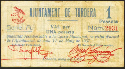 TORDERA (BARCELONA). 1 Peseta. 11 de Mayo de 1937. Serie A. (González: 10304). Inusual. MBC.