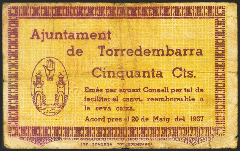 TORREDEMBARRA (TARRAGONA). 50 Céntimos. 20 de Mayo de 1937. (González: 10352). I...