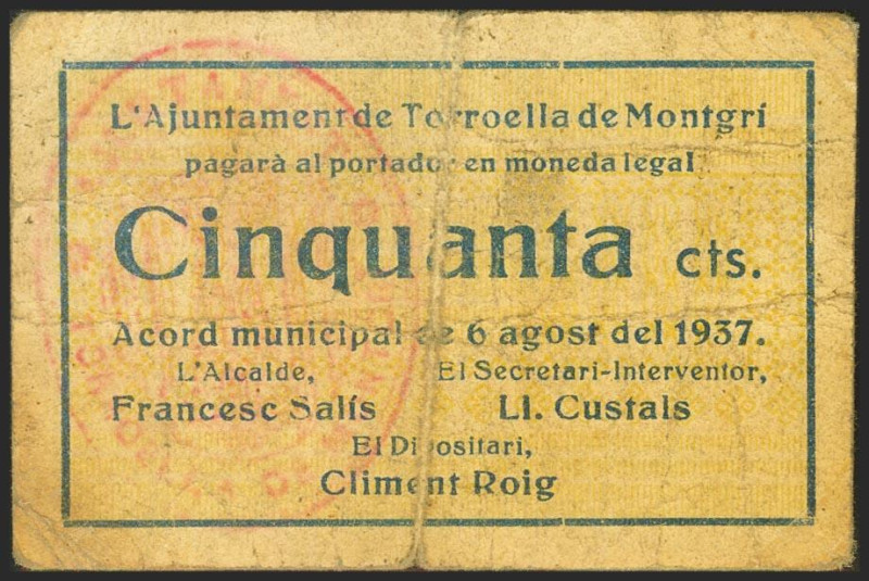 TORROELLA DE MONTGRI (GERONA). 50 Céntimos. 6 de Agosto de 1937. (González: 1039...