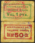 VALLBONA D´ANOIA (BARCELONA). 50 Céntimos y 1 Peseta. (1936ca). (González: 10491/92). Muy rara serie completa. MBC+.