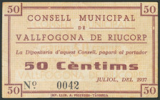 VALLFOGONA DE RIUCORP (TARRAGONA). 50 Céntimos. Julio 1937. (González: 10517). MBC.