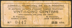 VILA-RODONA (TARRAGONA). 25 Céntimos. 24 de Junio de 1937. (González: 10662). Raro. MBC.