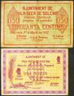 VILA-SECA DE SOLCINA (TARRAGONA). 50 Céntimos y 1 Peseta. 1 de Abril de 1937. Serie A, y B, respectivamente. (González: 10672/73). Inusual serie compl...