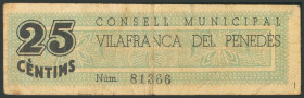 VILAFRANCA DEL PENEDES (BARCELONA). 25 Céntimos. 1 de Abril de 1937. (González: 10708). MBC.