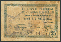 VILANOVA I LA GELTRU (BARCELONA). 25 Céntimos. Mayo 1937. Serie A. (González: 10832). BC.