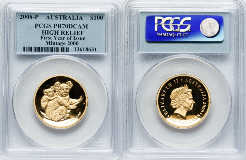 Elizabeth II gold Proof High Relief "Koala" 100 Dollars (1 oz) 2008-P PR70 Deep ...