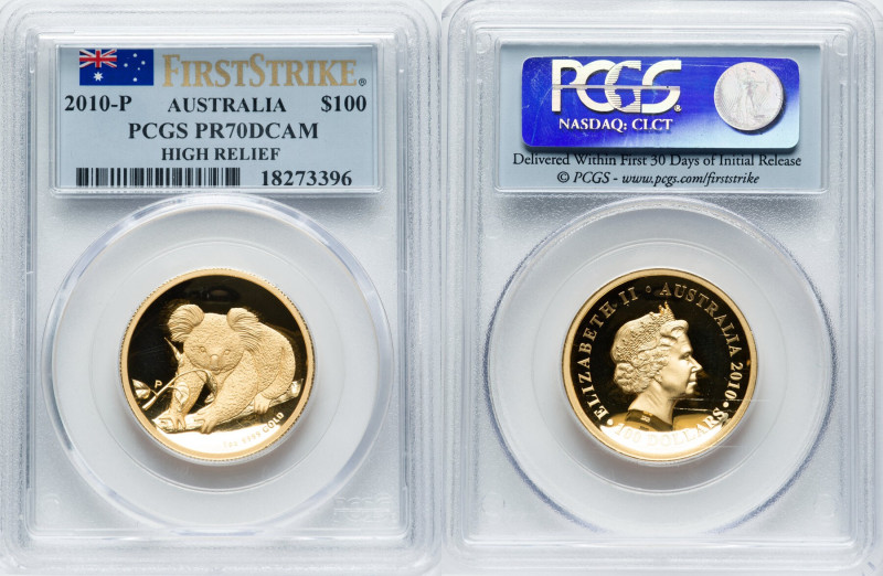 Elizabeth II gold Proof High Relief "Koala" 100 Dollars (1 oz) 2010-P PR70 Deep ...