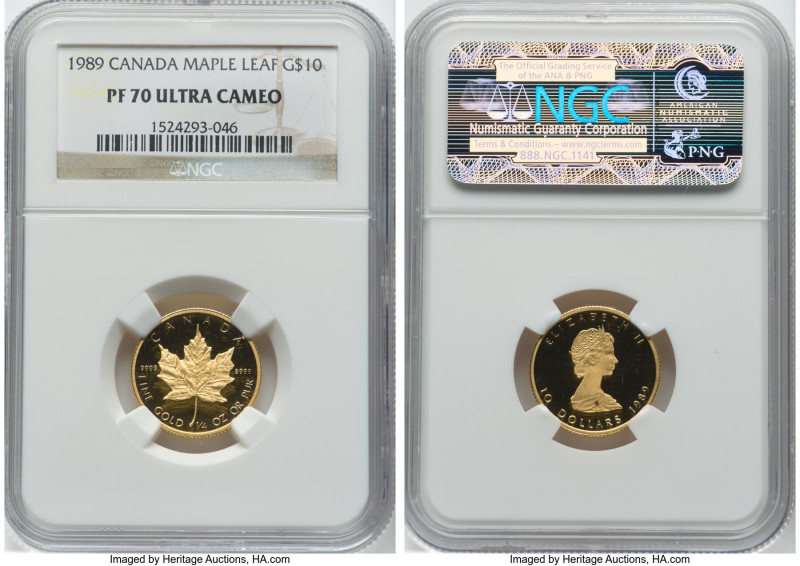 Elizabeth II gold Proof "Canada Maple Lead" 10 Dollars (1/4 oz) 1989 PR70 Ultra ...