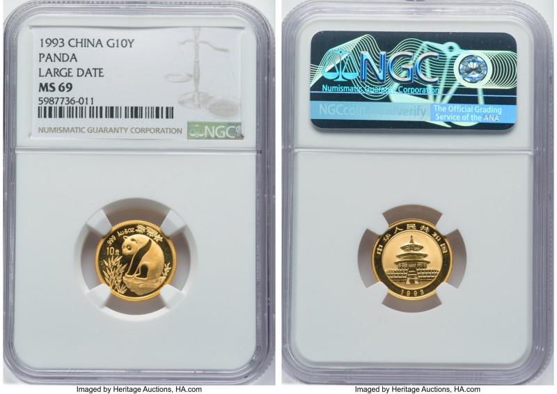 People's Republic gold "Large Date" Panda 10 Yuan (1/10 oz) 1993 MS69 NGC, KM474...