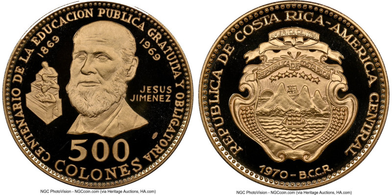Republic gold Proof "Public Education Centennial" 500 Colones 1970-BCCR PR69 Ult...