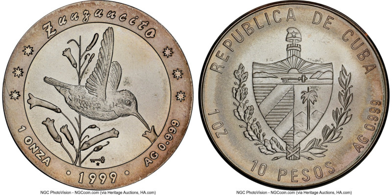Republic silver "Zunzuncito - Hummingbird" 10 Pesos (1 oz) 1999 MS68 NGC, Havana...
