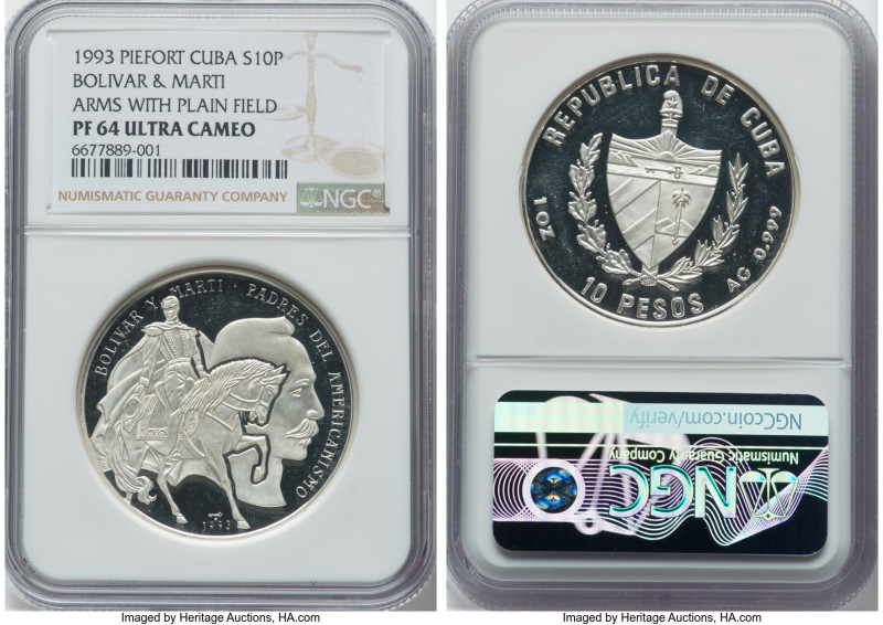 Republic Pair of Certified silver Proof 10 Pesos NGC, 1) "Bolivar & Marti - Arms...