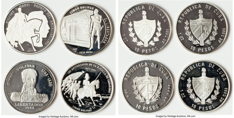Republic 4-Piece Lot of Uncertified silver Proof 10 Pesos UNC, 1) "Bolivar and M...