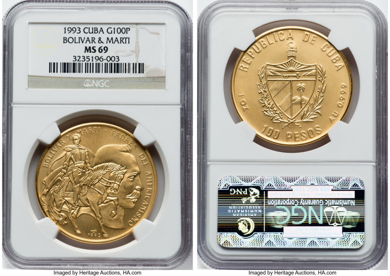 Republic gold "Bolivar & Marti" 100 Pesos 1993 MS69 NGC, Havana mint, KM916. Min...