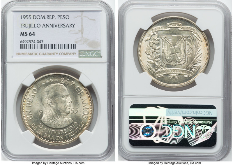 Republic silver "Trujillo Anniversary" Peso 1955 MS64 NGC, Philadelphia mint, KM...