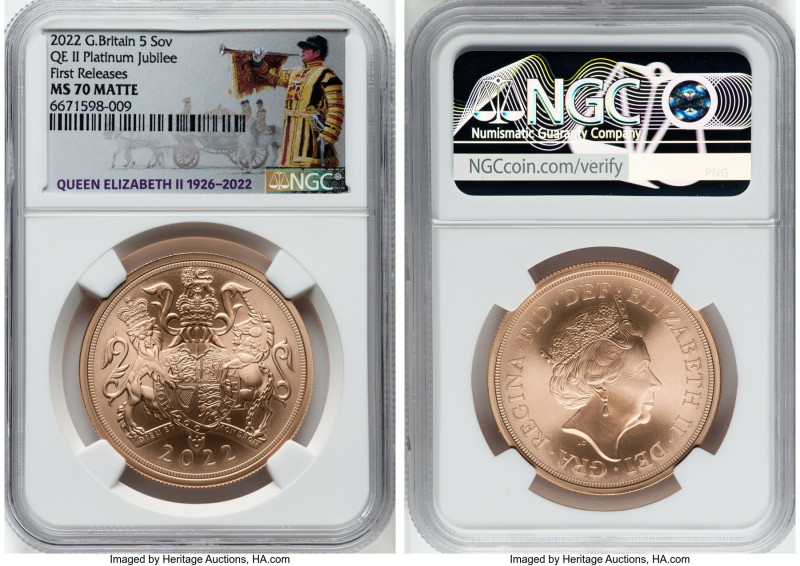 Elizabeth II gold Matte "Platinum Jubilee" 5 Pounds 2022 MS70 NGC, First release...