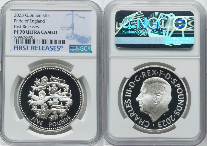 Charles III silver Proof "Pride of England" 5 Pounds 2023 PR70 Ultra Cameo NGC, ...