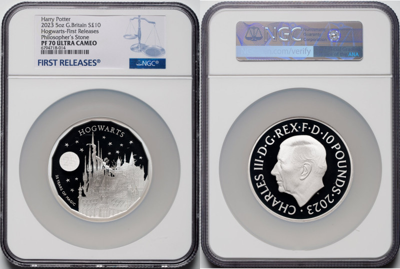 Charles III silver Proof "Hogwarts" 10 Pounds (5 oz) 2023 PR70 Ultra Cameo NGC, ...