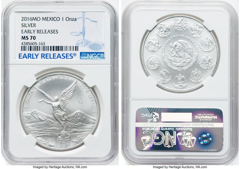 Estados Unidos Pair of Certified silver Onza 2016-Mo MS70 NGC, Mexico City mint,...