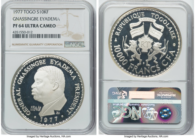 Republic silver Proof "Gnassingbe Eyadema" 10000 Francs 1977 PR64 Ultra Cameo NG...