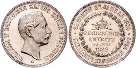 Deutsche Medaillen. 
Brandenburg-Preußen. 
Wilhelm II. 1888-1918. Silbermed. 1888, unsign., auf seinen Regierungsantritt am 15. Juni, Kopf des Kaise...