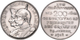 Deutsche Medaillen. 
Brandenburg-Preußen. 
Wilhelm II. 1888-1918. Silbermed. 1912, v. Oertel/Berlin, auf den 200. Geburtstag Friedrichs des Großen, ...