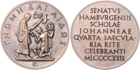 Akademie-, Universitäts- u. Schulmedaillen, Studentica. 
Hamburg. Bronzemed. 1929, Sign. K im Kreis, 400-Jahrfeier des Johanneums (humanist. Gymnasiu...