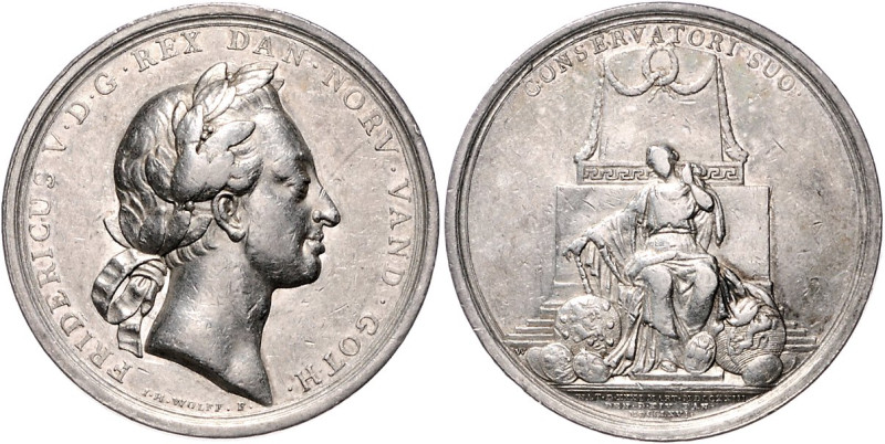 Ausländische Medaillen. 
Dänemark. 
Silbermed. 1766, v. Johan Henrik Wolff, au...