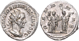 Römische Münzen. 
Kaiserzeit. 
Trajan Decius 249-251. Antoninian, Rom i. J. 250/251, 3,90 g, drap. u. gepanz. Bü. re. mit Strahlenkrone/die beiden P...