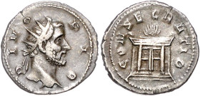 Römische Münzen. 
Kaiserzeit. 
Trajan Decius 249-251. Antoninian, Rom i. J. 250/251, 3,88 g, Gedenkprägung für Antoninus Pius, Kopf re. mit Strahlen...