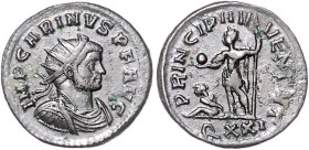 Römische Münzen. 
Kaiserzeit. 
Carinus 283-285. AE-Antoninian, Ticinum, 3,51 g, drap. u. gepanz. Bü. re. mit Strahlenkrone, IMP CARINVS PF AVG/der K...