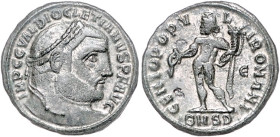 Römische Münzen. 
Kaiserzeit. 
Diocletian 284-305. Follis, nach seinem Rücktritt, Serdica, 7,77 g, belorb. Bü. re./Genius n. li. stehend mit Patera ...